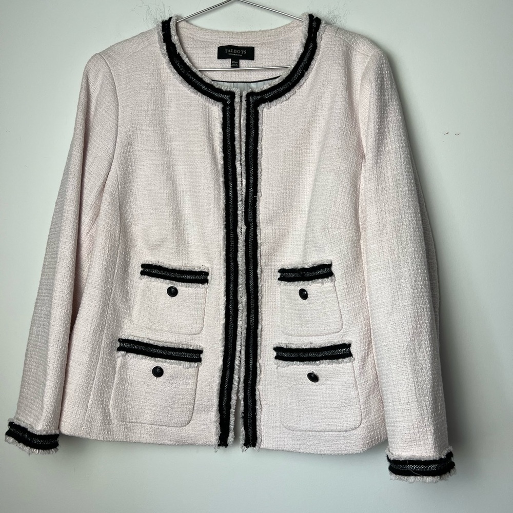 Talbots Provence Baby Pink Tweed Black Fringe-Trim Jacket Decorative Plus Size